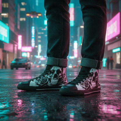 Freaky Shoes® women's black and white high-top canvas sneakers featuring a cartoon skull and rose print