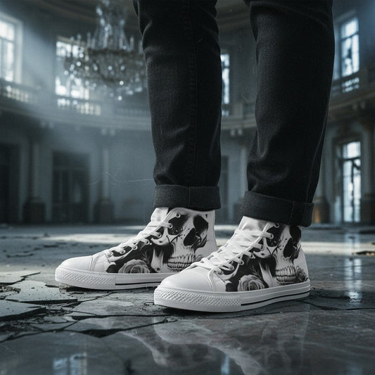 Freaky Shoes® men's high-top canvas sneakers featuring a black and white skull and rose print in a gothic setting.