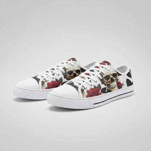 Freaky Shoes® high-top canvas sneakers featuring a detailed skull and red rose print with white laces and soles.