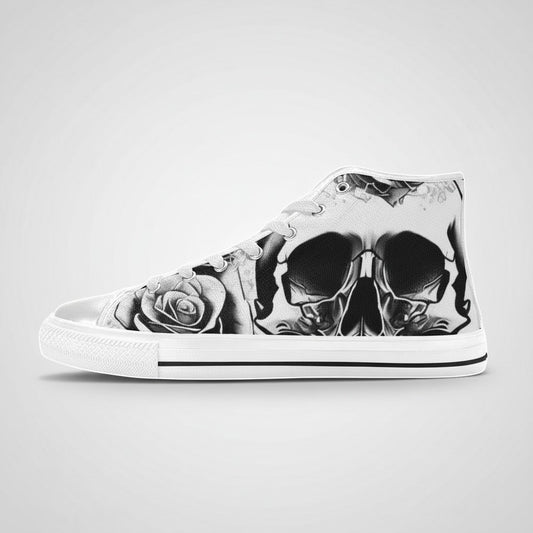 Freaky Shoes® high-top canvas sneakers featuring a black and white skull and rose print on a grey background.