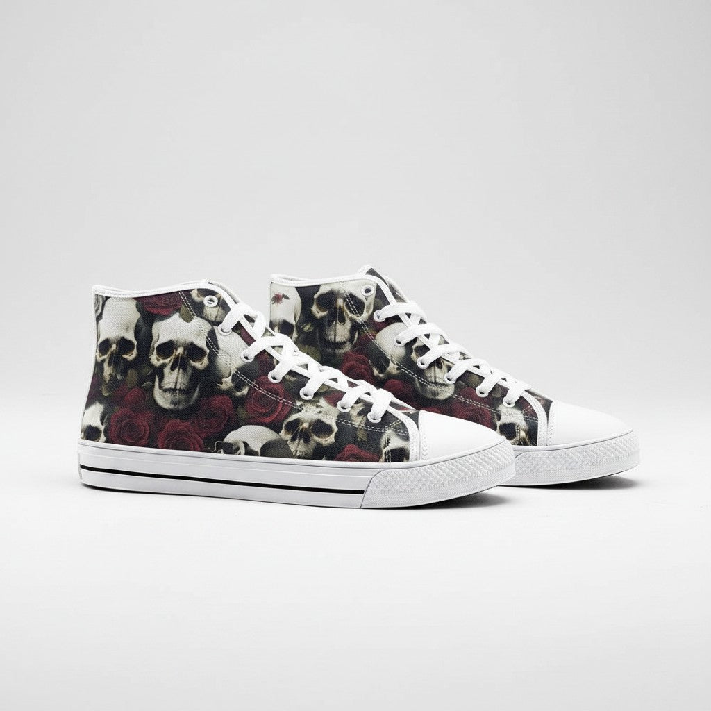 Freaky Shoes® high-top canvas sneakers featuring a gothic skull and red rose pattern with white laces and soles.