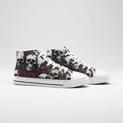 Freaky Shoes® high-top canvas sneakers featuring a gothic skull and red rose pattern with white laces and soles.