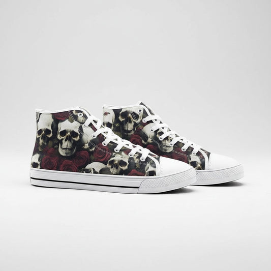 Freaky Shoes® high-top canvas sneakers featuring a gothic skull and red rose pattern with white laces and soles.