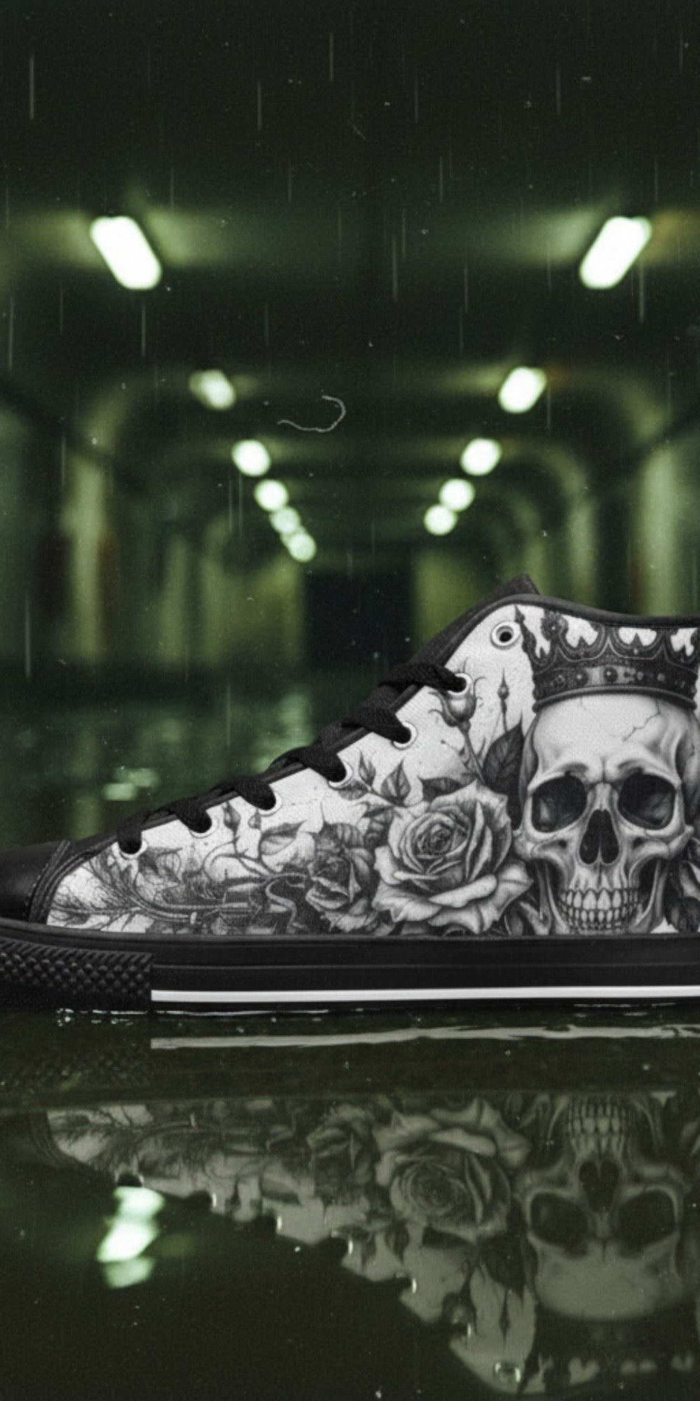Women's Dark Monochrome Skull Gothic Art high-top canvas shoes — one-of-a-kind custom printed art, Freaky Shoes