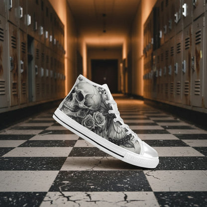 Custom Men's Dark Skull Rose Grey Gothic high-top canvas shoes with bold all-over art — Freaky Shoes