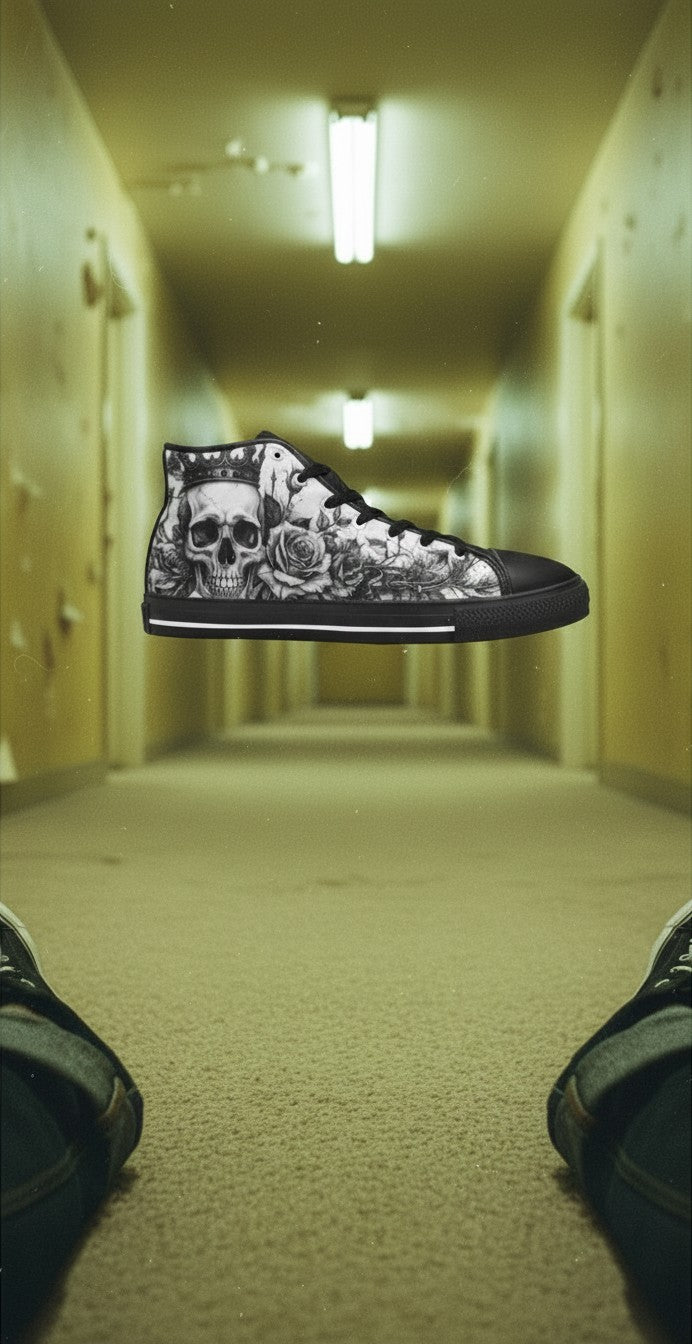 Freaky Shoes® grey skull and rose print high top canvas sneakers with black laces and rubber soles.