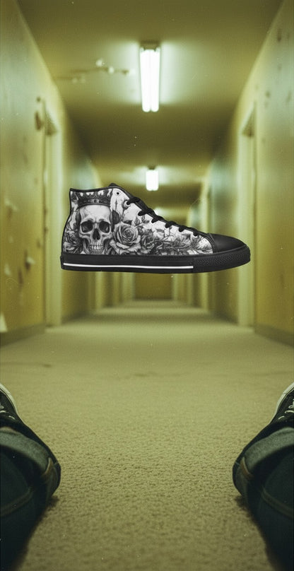 Freaky Shoes® grey skull and rose print high top canvas sneakers with black laces and rubber soles.