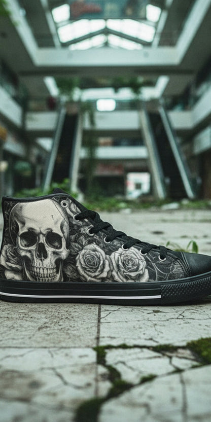 Men's Grey Skull & Wings Dark Gothic hand-made high-top canvas shoes — unique wearable art by Freaky Shoes