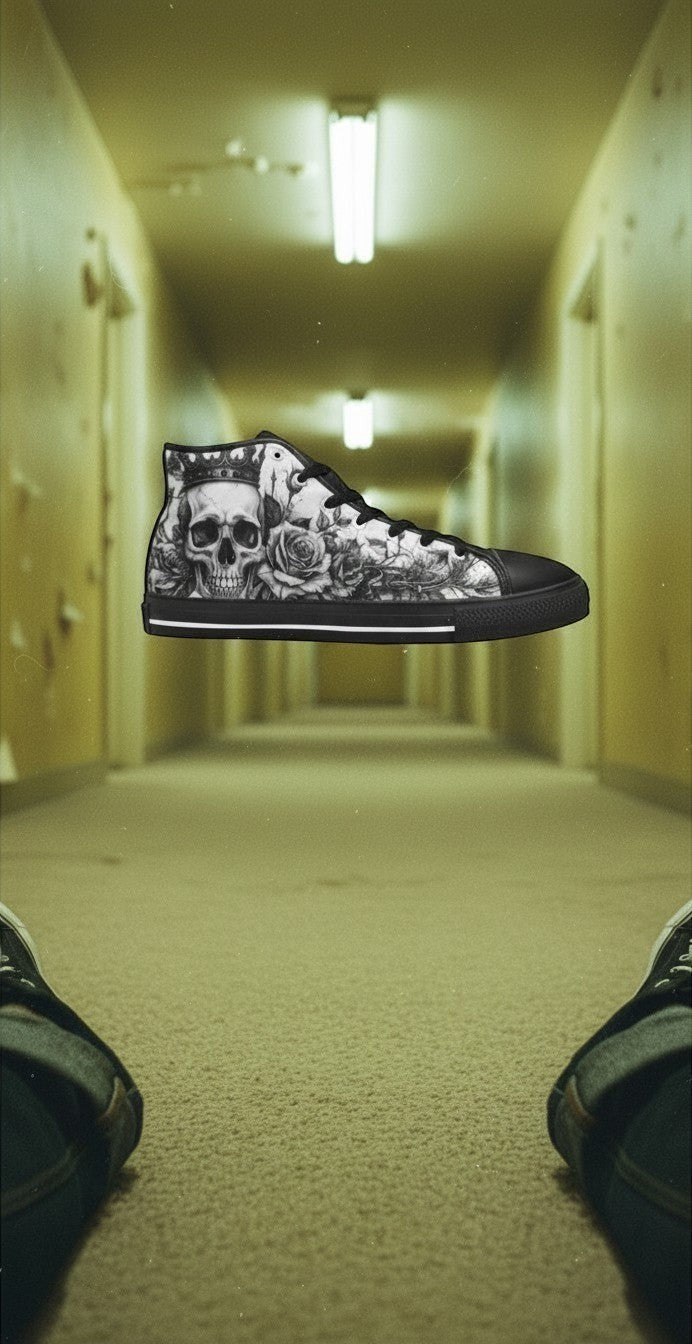 Women's Grey Skull & Roses Gothic hand-made high-top canvas shoes — unique wearable art by Freaky Shoes