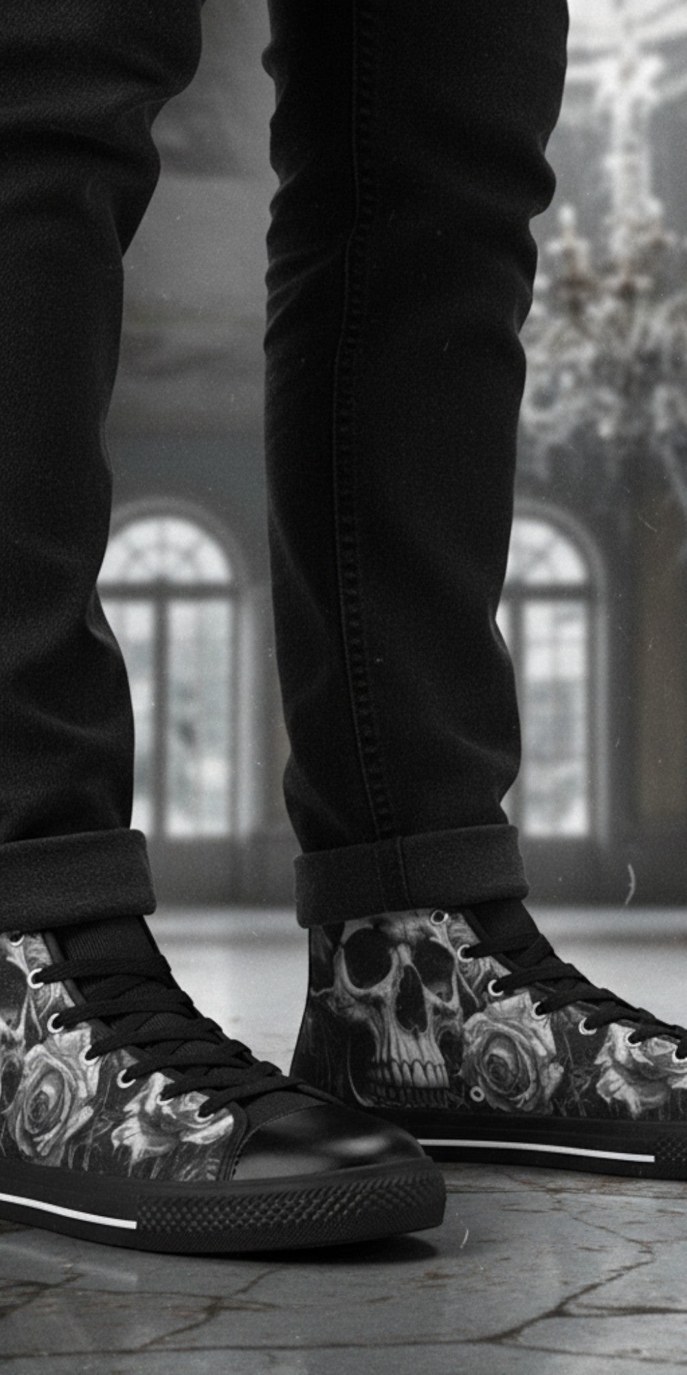 Freaky Shoes® high top canvas sneakers featuring a grey skull and rose gothic art print, worn with black jeans.