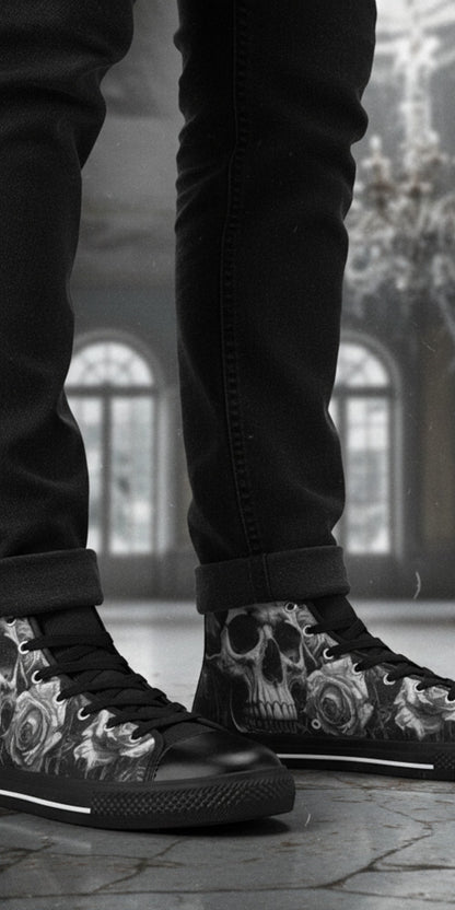 Freaky Shoes® high top canvas sneakers featuring a grey skull and rose gothic art print, worn with black jeans.