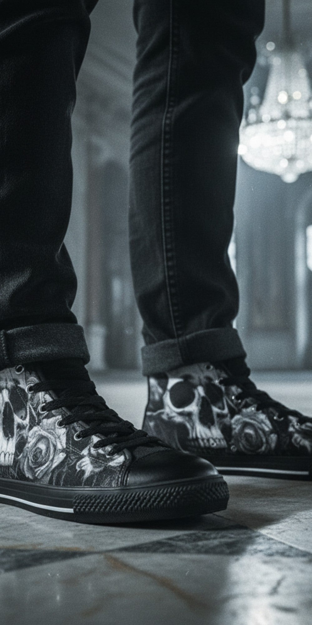 Freaky Shoes® women's dark gothic canvas high top sneakers featuring a grey skull and rose print with black laces.