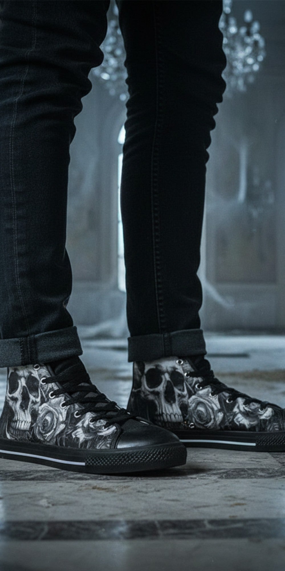 Freaky Shoes® high top canvas sneakers featuring a grey skull and rose gothic print, worn with dark jeans.