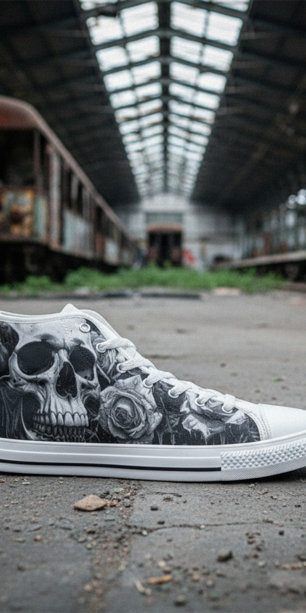 Men's Greyscale Skull Art Dark Gothic high-top canvas shoes — one-of-a-kind custom printed art, Freaky Shoes