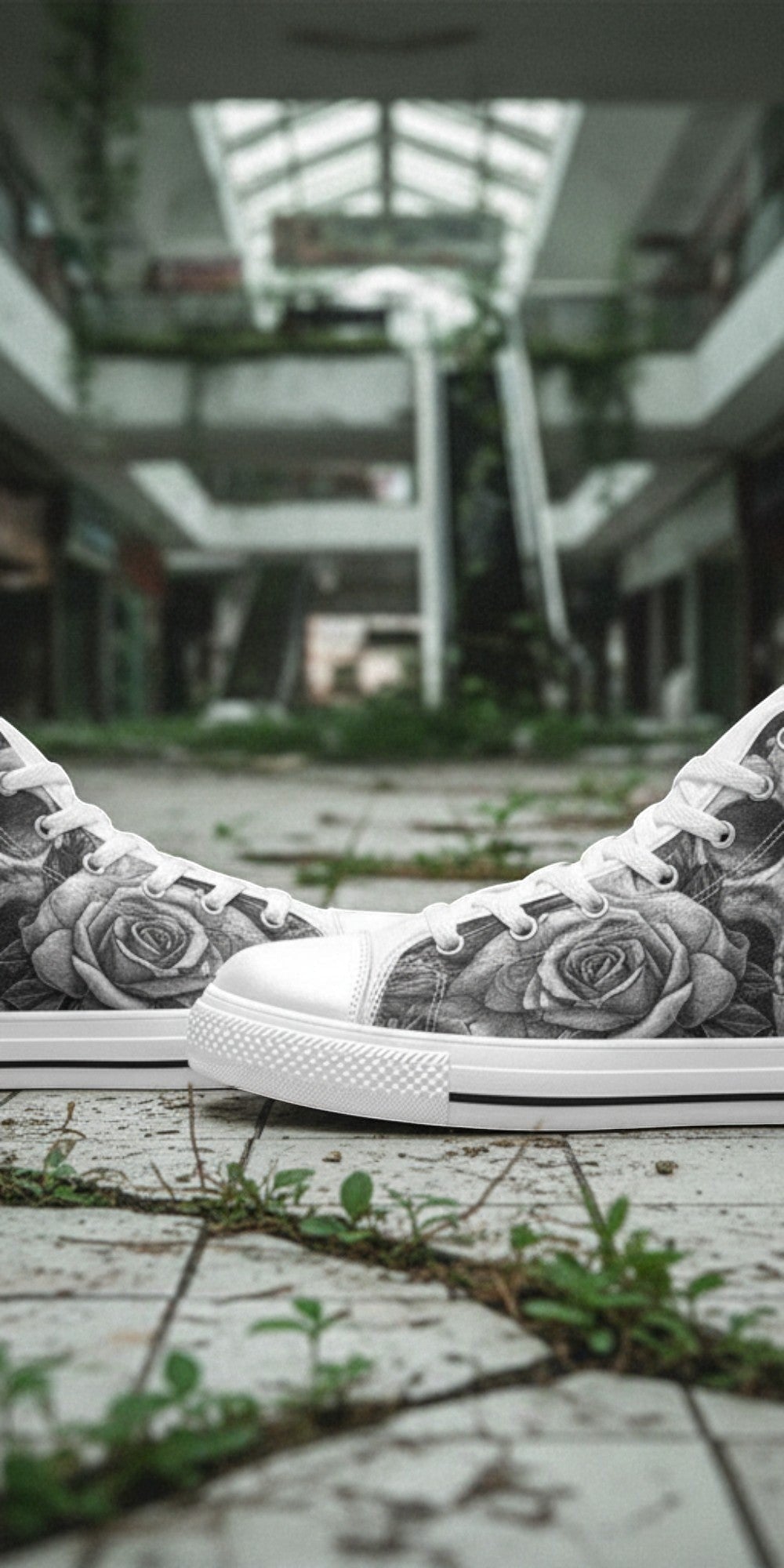 Freaky Shoes® men's gothic high top canvas sneakers featuring a detailed black and grey skull and rose print.