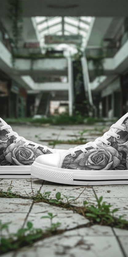 Freaky Shoes® men's gothic high top canvas sneakers featuring a detailed black and grey skull and rose print.