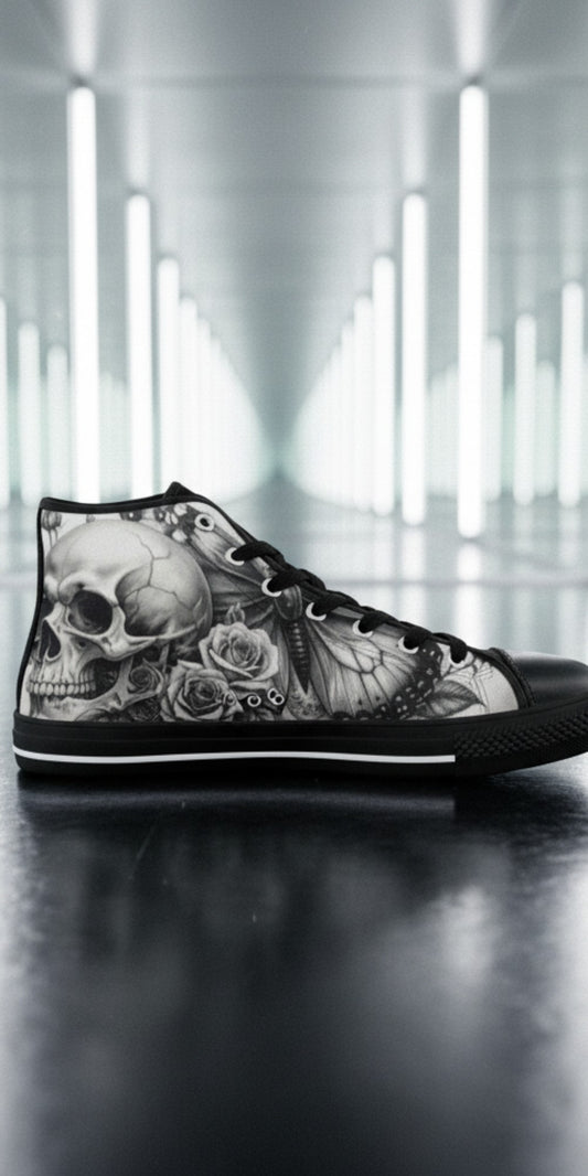 Freaky Shoes® grey skull and rose print high top canvas sneakers with black rubber soles and lace-up closure.