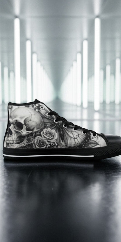 Women's Grey Skull Roses Dark Gothic Art custom high-top canvas shoes — wearable art by Freaky Shoes