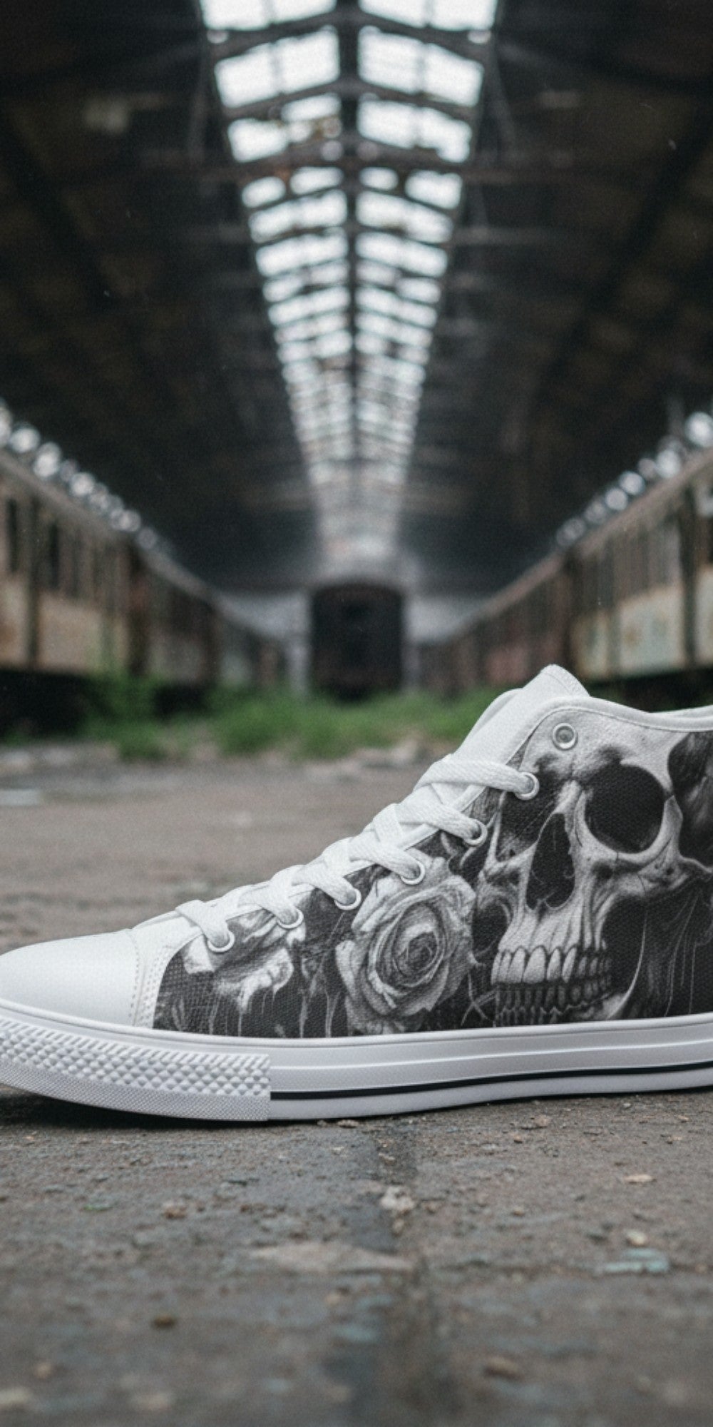 Custom Men's Greyscale Skull Art Dark Gothic high-top canvas shoes with bold all-over art — Freaky Shoes
