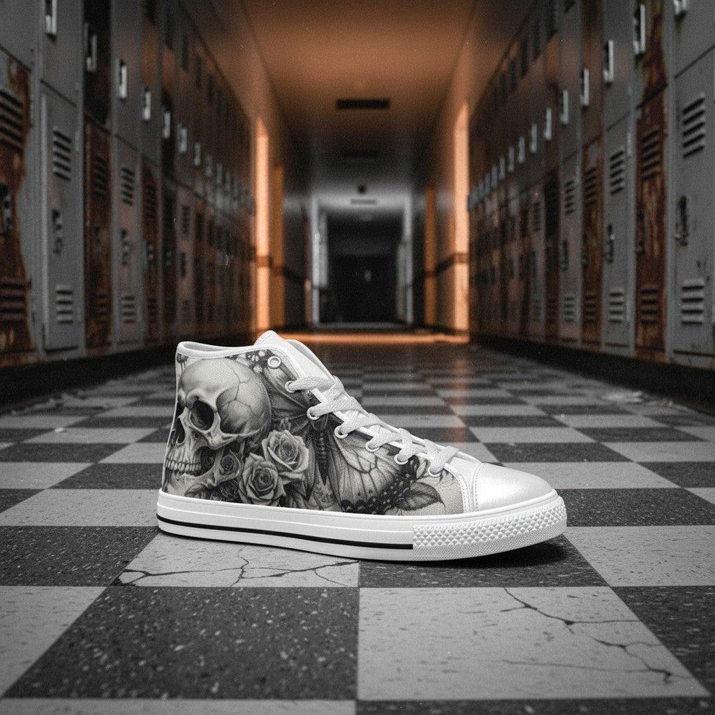 Men's Dark Skull Rose Grey Gothic hand-made high-top canvas shoes — unique wearable art by Freaky Shoes