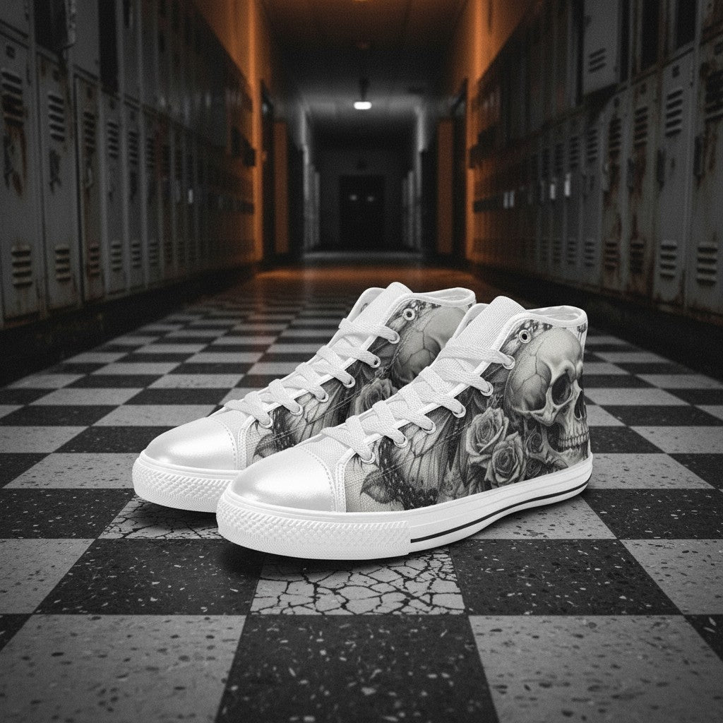 Men's Dark Skull Rose Grey Gothic hand-made high-top canvas shoes — unique wearable art by Freaky Shoes