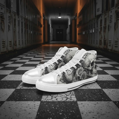Men's Dark Skull Rose Grey Gothic hand-made high-top canvas shoes — unique wearable art by Freaky Shoes