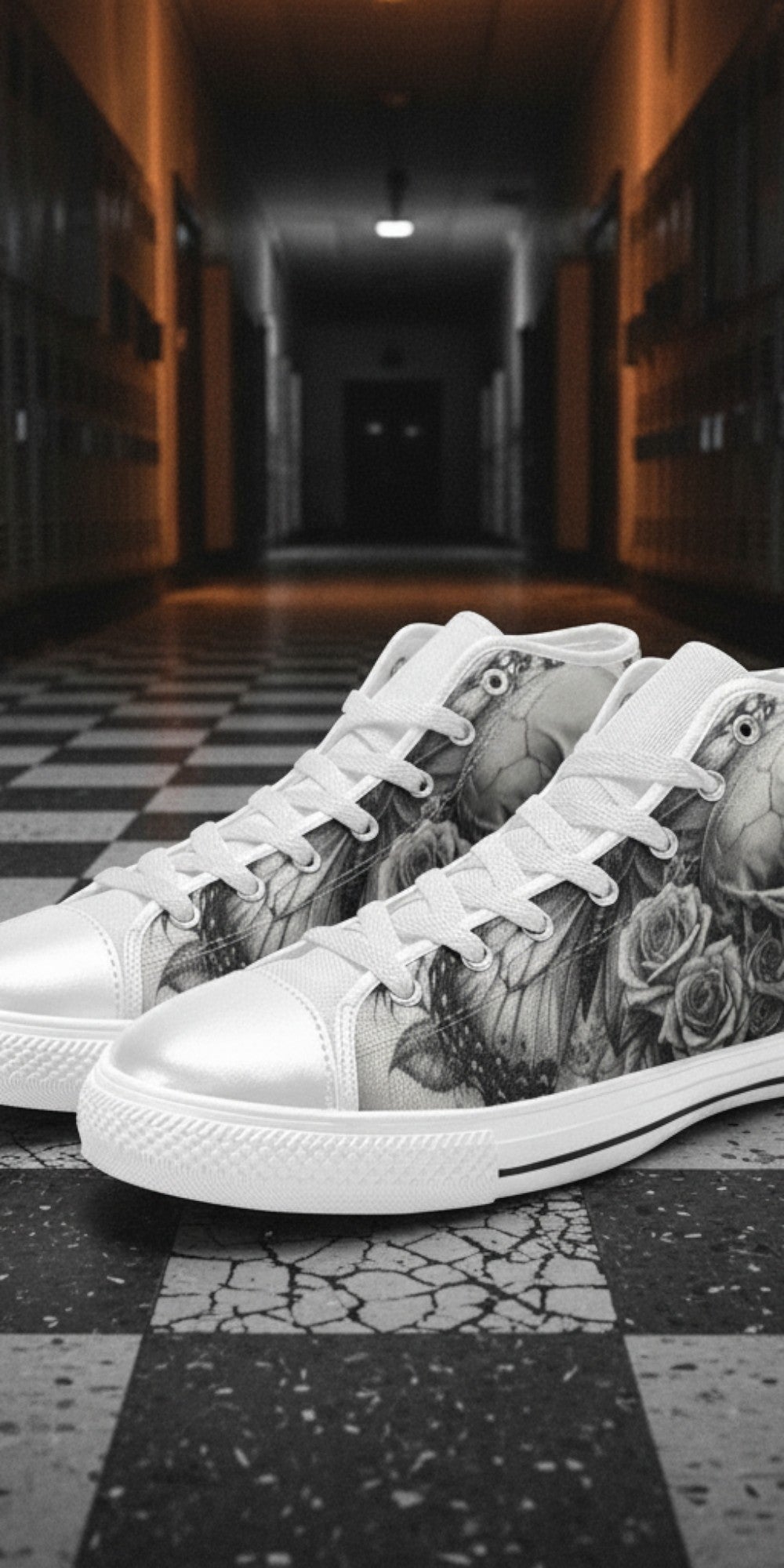 Men's Dark Skull Rose Grey Gothic hand-made high-top canvas shoes — unique wearable art by Freaky Shoes