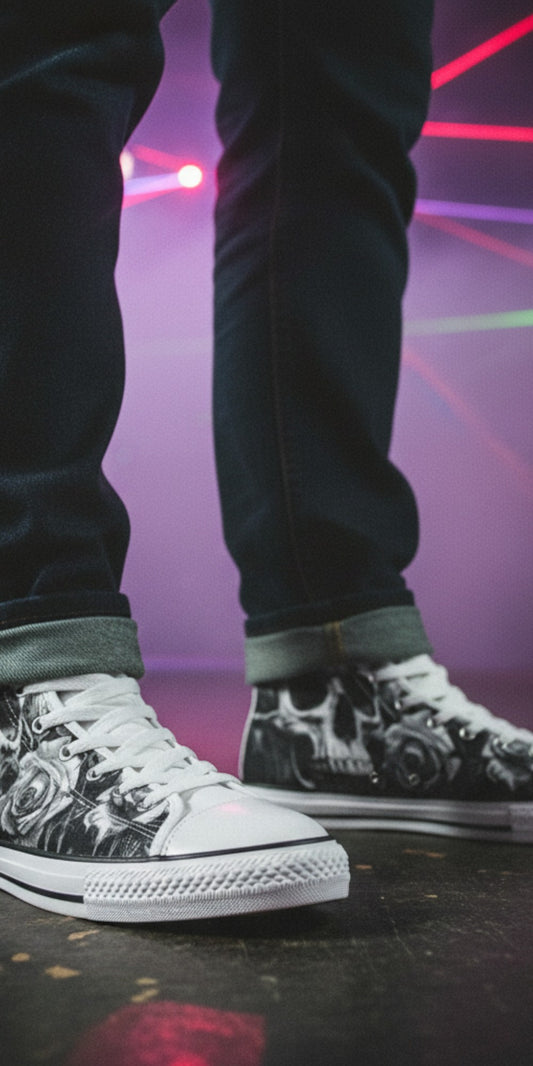 Freaky Shoes® men's high top canvas sneakers featuring a black and white gothic skull and rose art print.