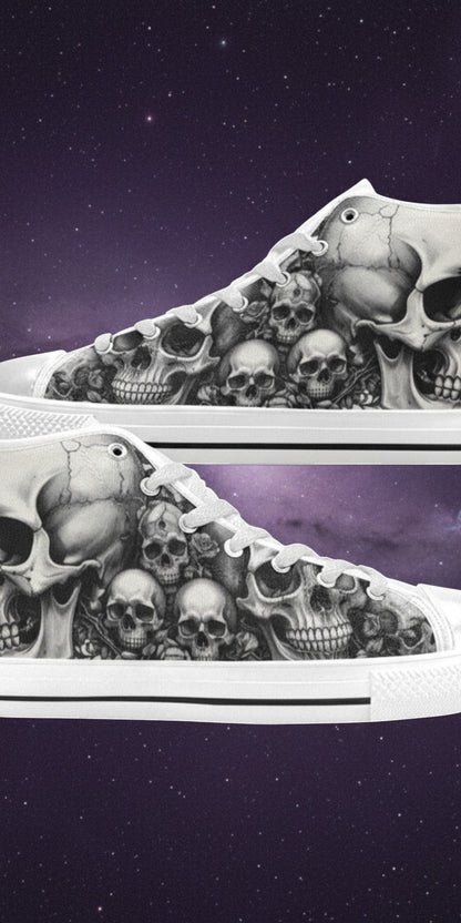 Women's Skull Rose Dark Gothic Art hand-made high-top canvas shoes — unique wearable art by Freaky Shoes