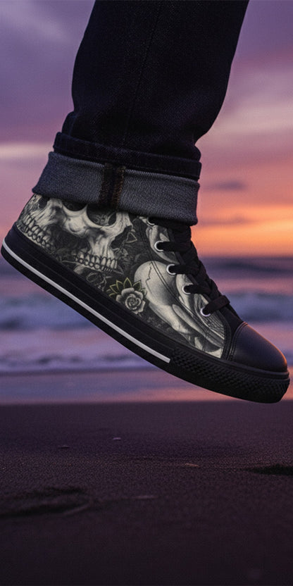 Freaky Shoes® men's high top canvas sneakers featuring a black and white skull and rose dark art print on a beach.