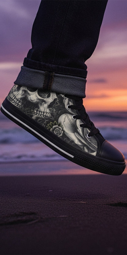 Women's Skull Rose Dark Art high-top canvas shoes, custom full-wrap printed design — Freaky Shoes