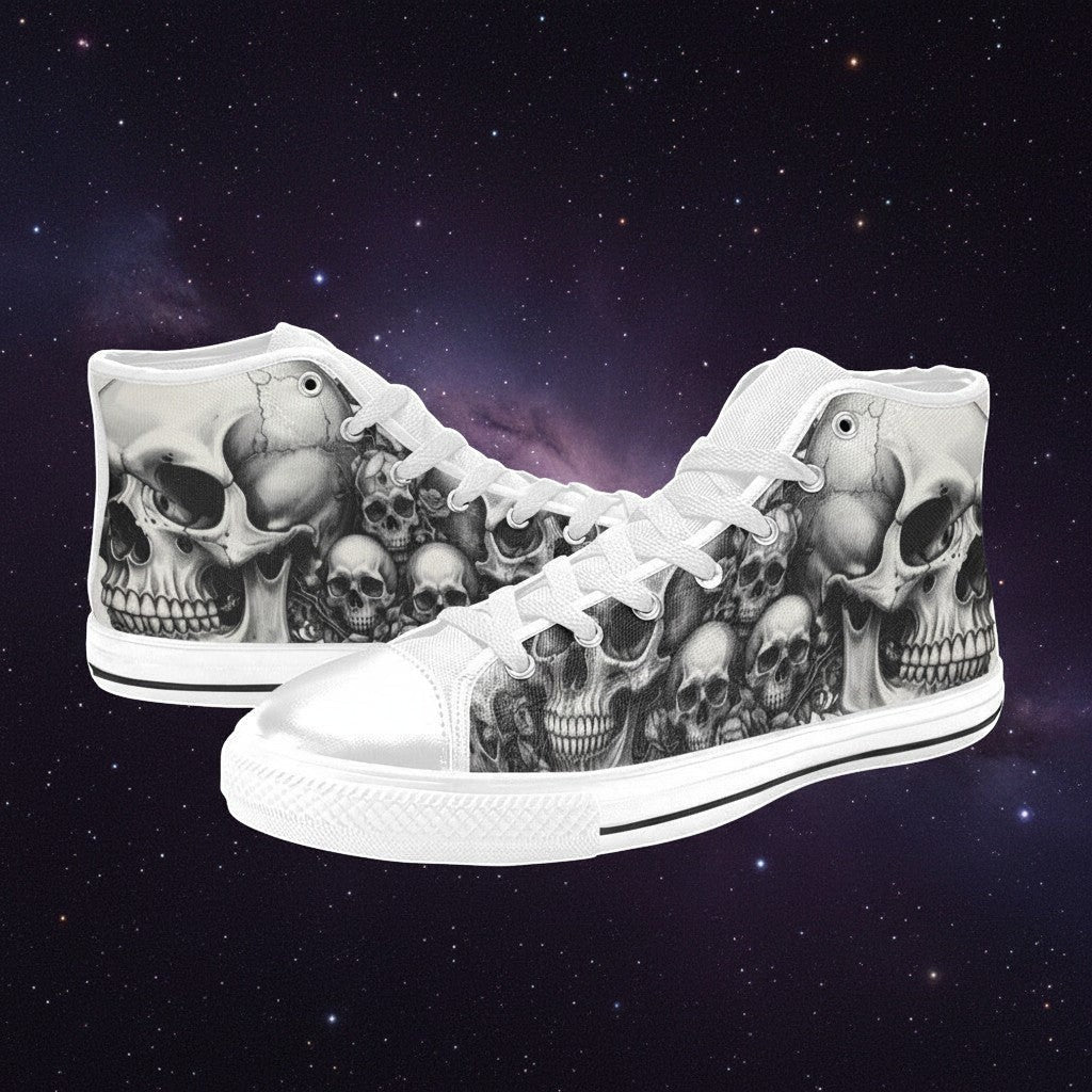 Custom Women's Skull Rose Dark Gothic Art high-top canvas shoes with bold all-over art — Freaky Shoes