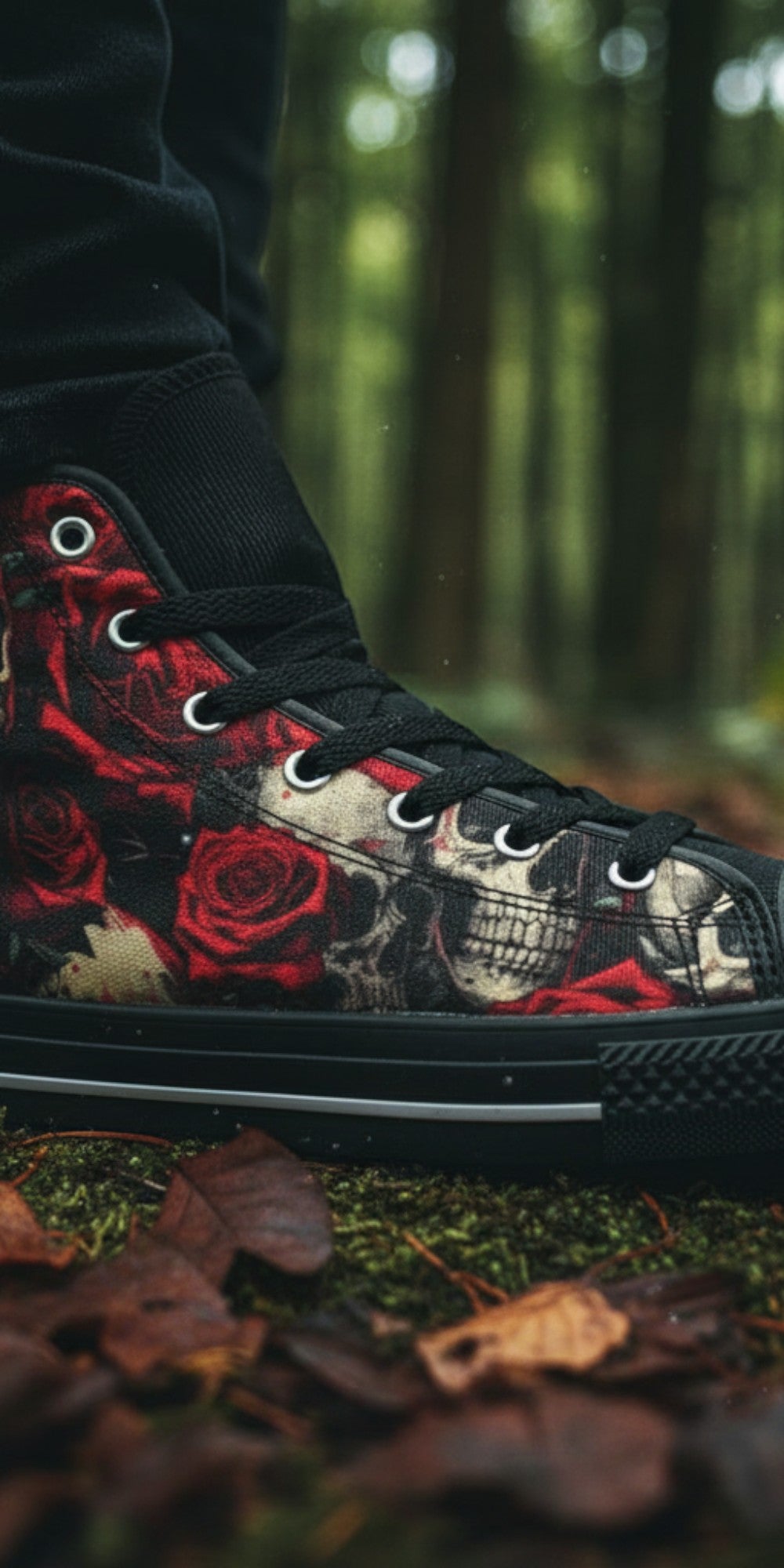 Freaky Shoes® women's high top canvas sneakers featuring a dark comic book skull and red rose graphic print.