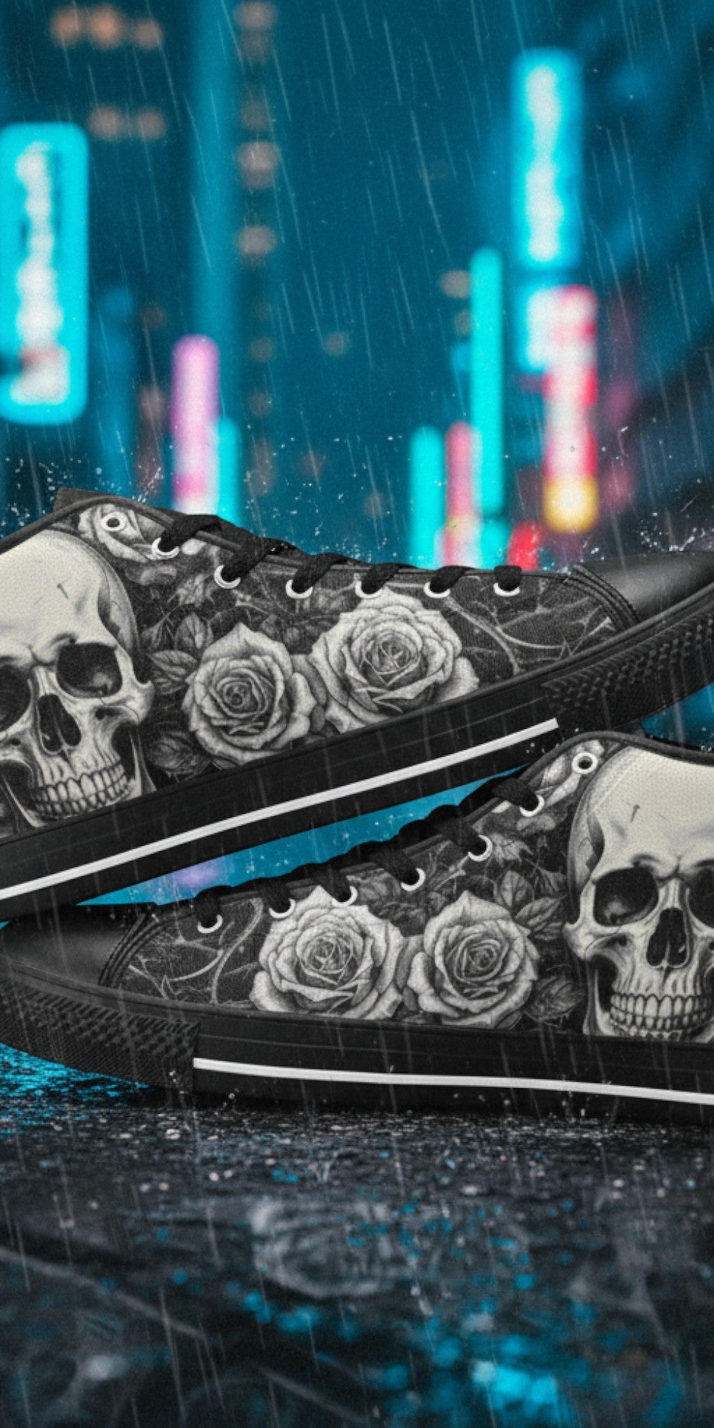Women's Dark Skull Goth Art high-top canvas shoes — one-of-a-kind custom printed art, Freaky Shoes