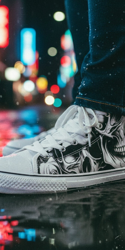 Men's Cartoon Skull & Rose Gothic Art high-top canvas shoes, custom full-wrap printed design — Freaky Shoes
