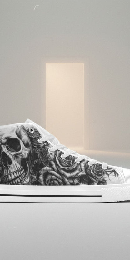 Custom Women's Tattoo Skull Art Dark Gothic high-top canvas shoes with bold all-over art — Freaky Shoes