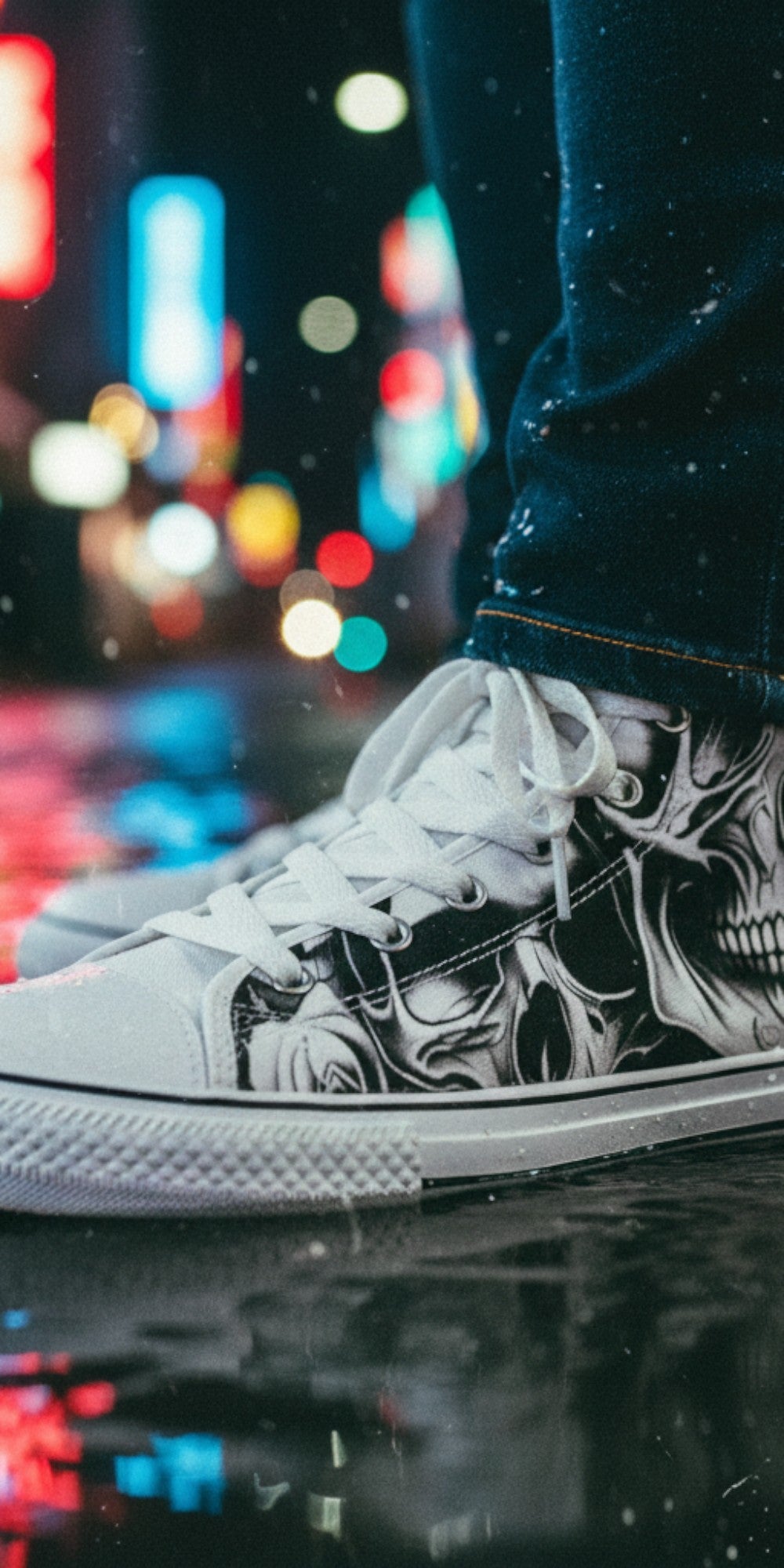 Freaky Shoes® men's high top canvas sneakers featuring a black and white gothic skull and rose art print.