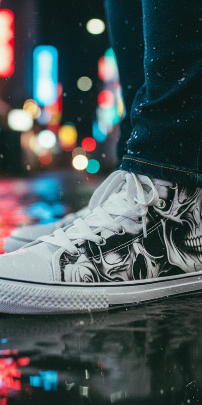 Freaky Shoes® men's high top canvas sneakers featuring a black and white gothic skull and rose art print.