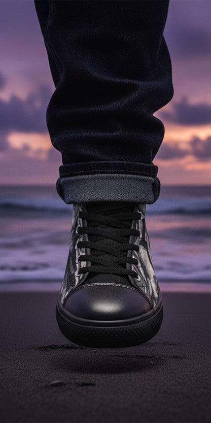 Freaky Shoes® Skull Rose high top canvas sneakers with black rubber soles worn on a beach at sunset.