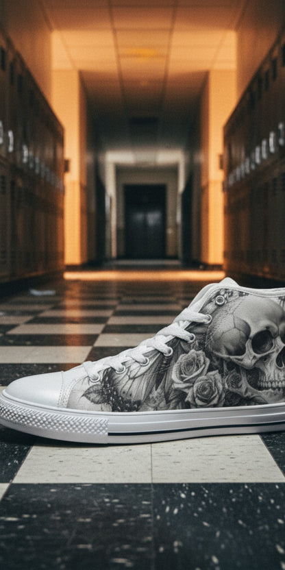 Men's Dark Skull Rose Grey Gothic custom high-top canvas shoes — wearable art by Freaky Shoes