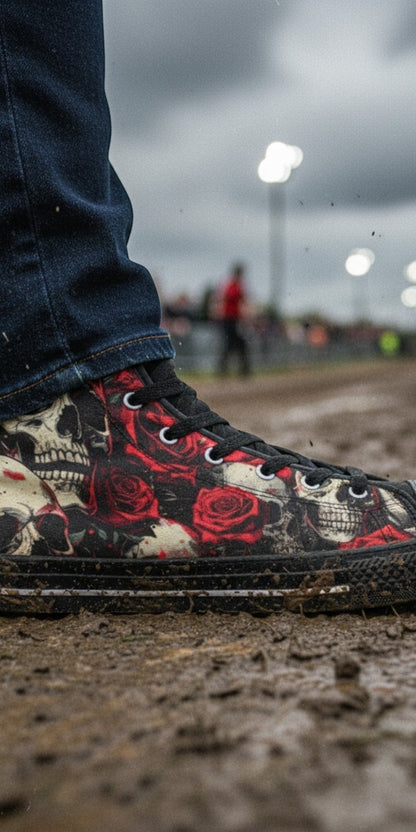 Custom Men's Bold Comic Skull Rose Dark Art high-top canvas shoes with bold all-over art — Freaky Shoes