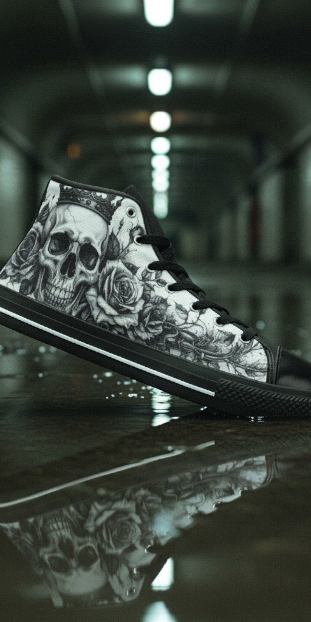 Women's Dark Monochrome Skull Gothic Art high-top canvas shoes — one-of-a-kind custom printed art, Freaky Shoes