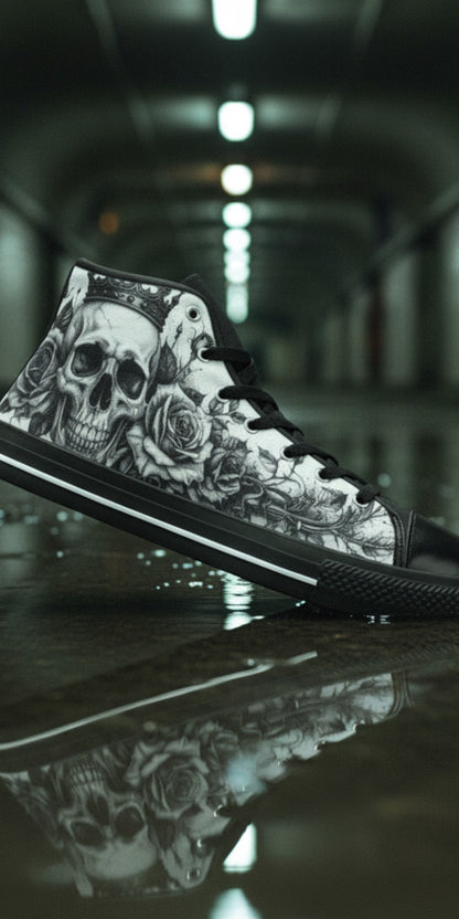 Women's Dark Monochrome Skull Gothic Art high-top canvas shoes — one-of-a-kind custom printed art, Freaky Shoes