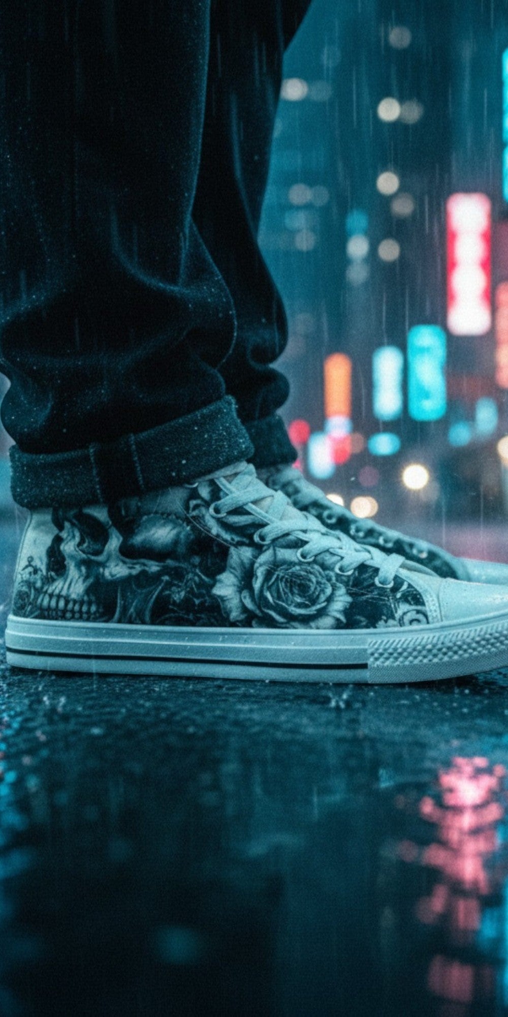 Freaky Shoes® monochrome skull and rose print canvas high top sneakers worn in a rainy city street at night.