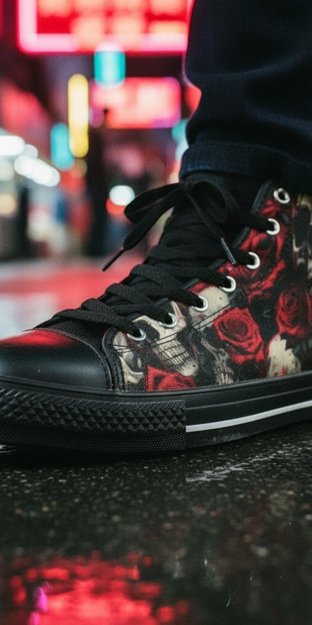 Freaky Shoes® women's high top canvas sneakers featuring a comic book skull and red rose graphic print on wet street