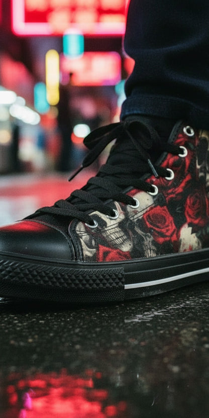 Freaky Shoes® women's high top canvas sneakers featuring a comic book skull and red rose graphic print on wet street