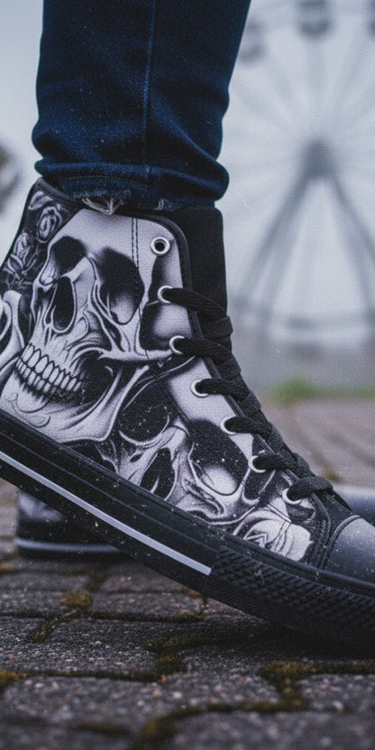 Bold Cartoon Skull Rose Dark Art | Women's High Top Canvas | Freaky Shoes®