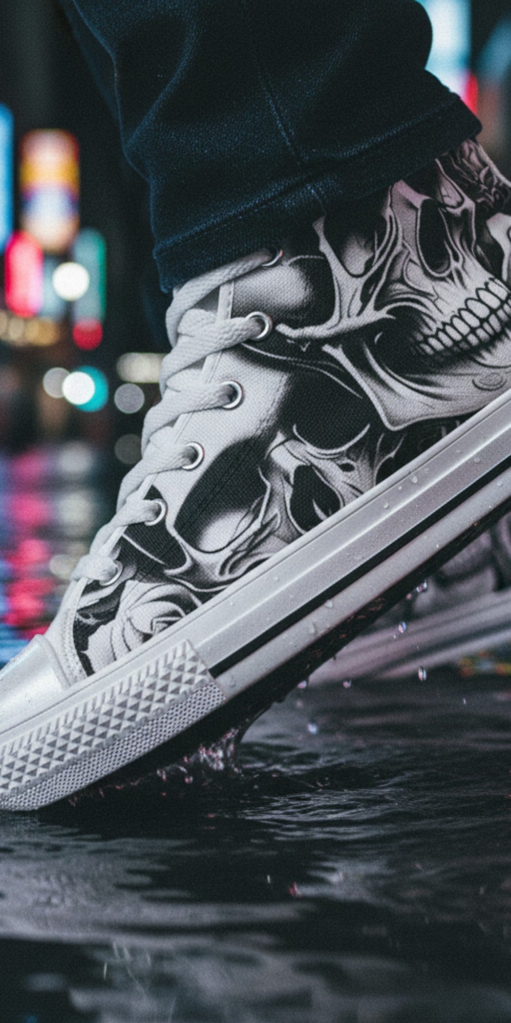 Freaky Shoes® men's high top canvas sneakers featuring a black and white gothic skull and rose art design.