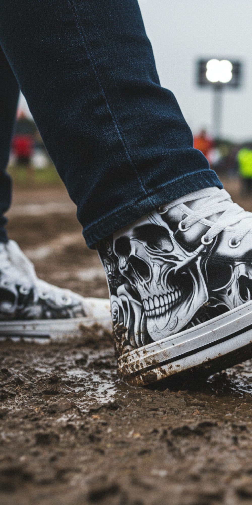 Freaky Shoes® men's high top canvas sneakers featuring a black and white gothic skull and rose cartoon art print.
