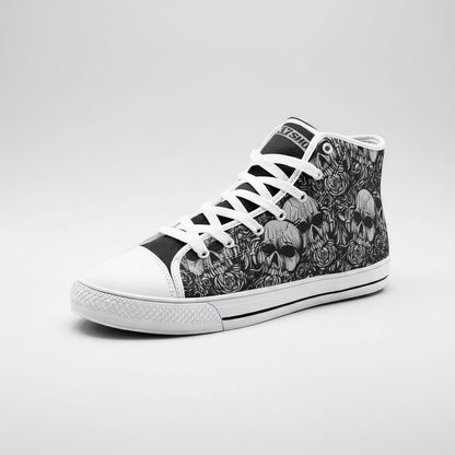 Freaky Shoes® high-top canvas sneakers featuring a black and white skull and rose pattern with white laces and soles.